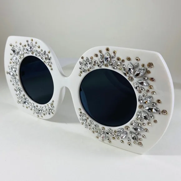Giant Glam Girl White Rhinestone Encrusted Oversized Sunglasses - Picture 5 of 6